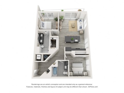 a stylized view of a 1 bedroom floor plan of a 2100 sq ft apartment